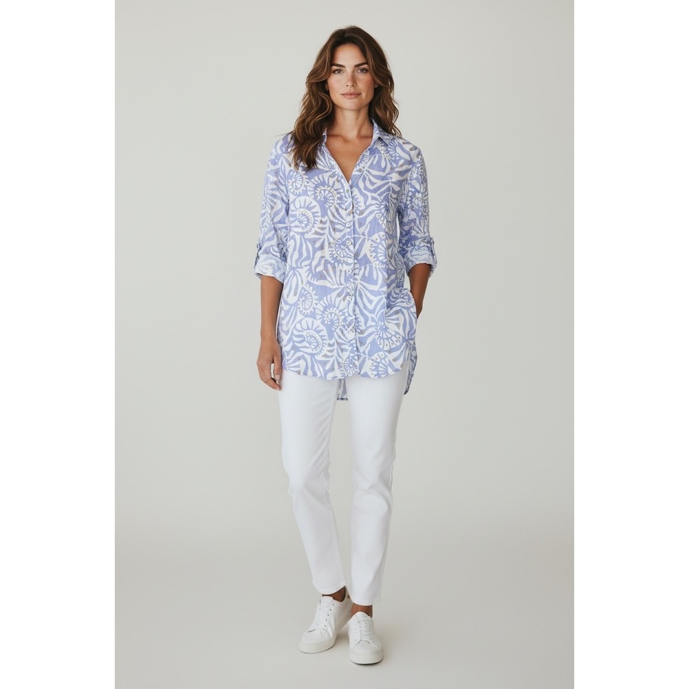Nicole Miller New York 100% Linen Blue White Abstract Print Tunic Shirt Size M
